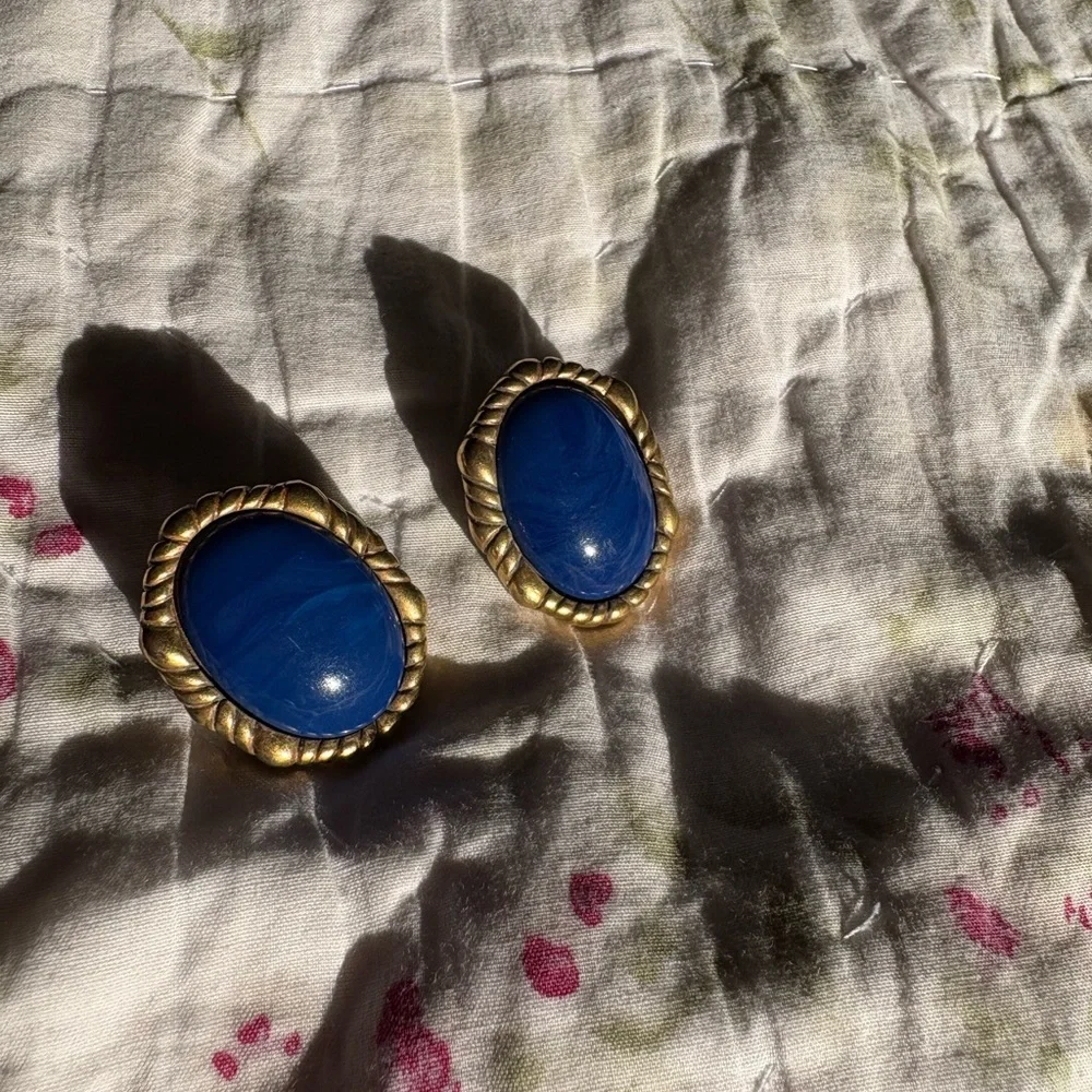 1928 vintage clip on earrings blue cabochon gold twisted rope art deco nautical - Picture 2 of 8